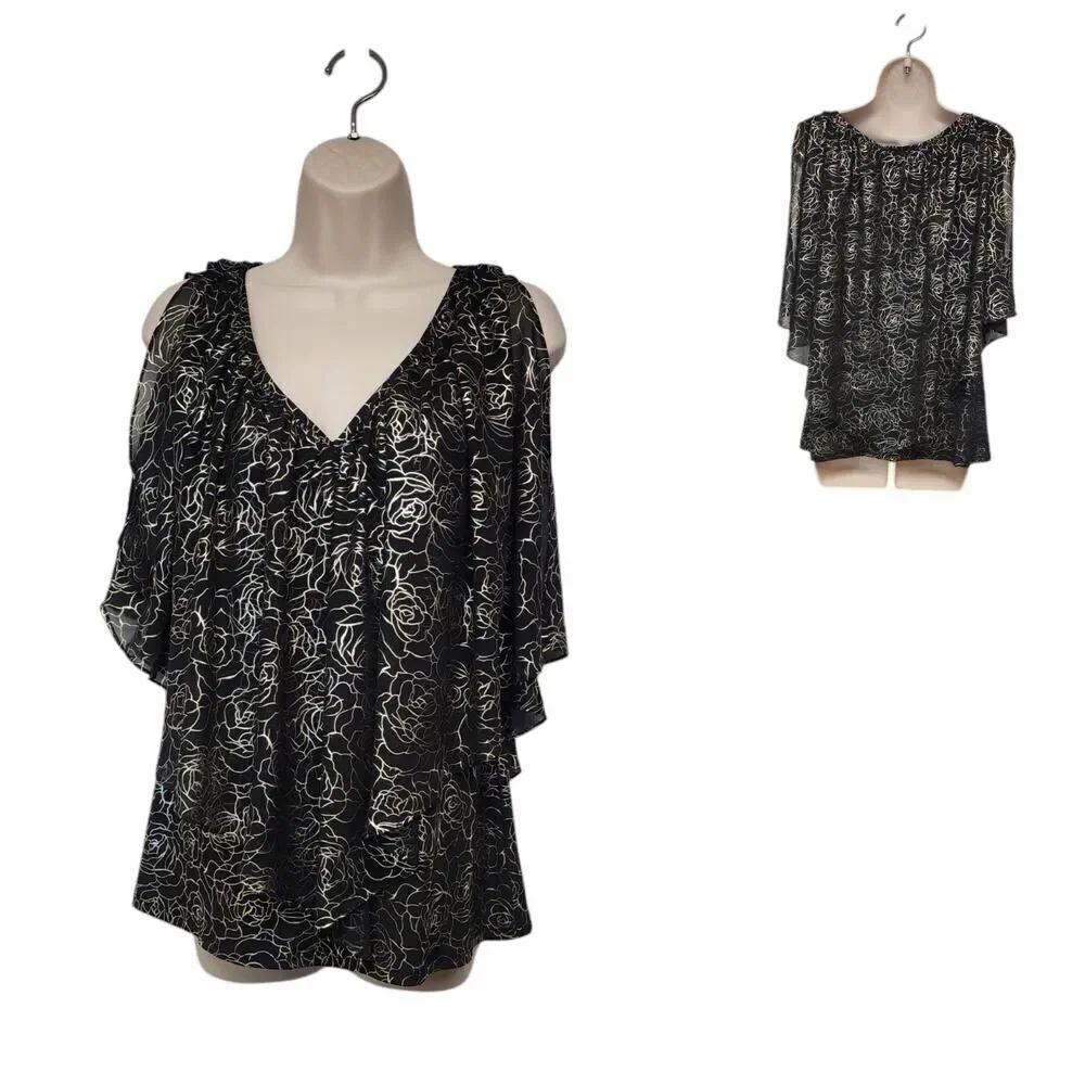 Coco Bianco Women’s Floral Print Top Flutter Sleeve Black/Silver Blouse Size M